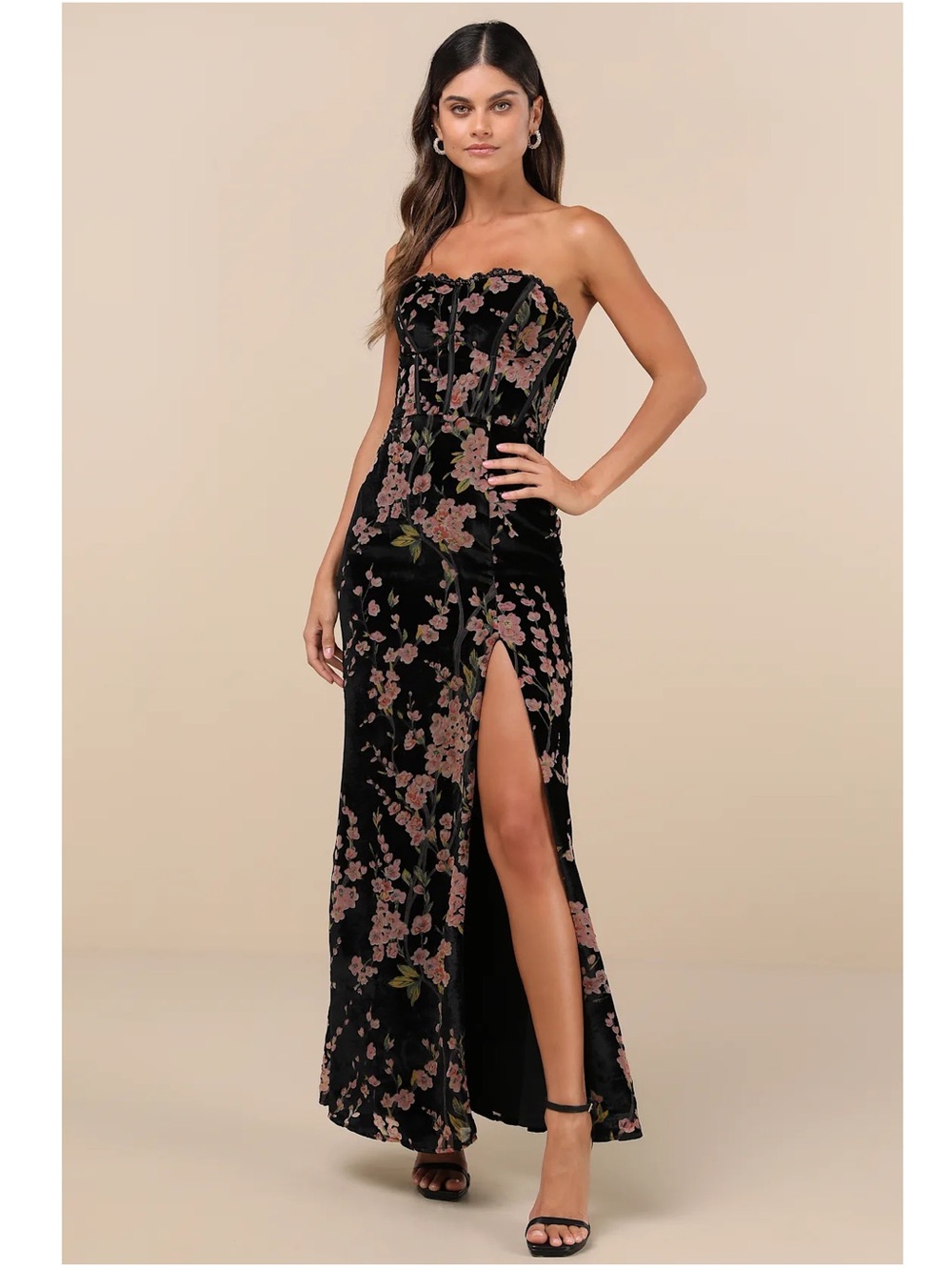 Lulus Luxurious Allure Black Floral Burnout Velvet Strapless Maxi Dress Event S